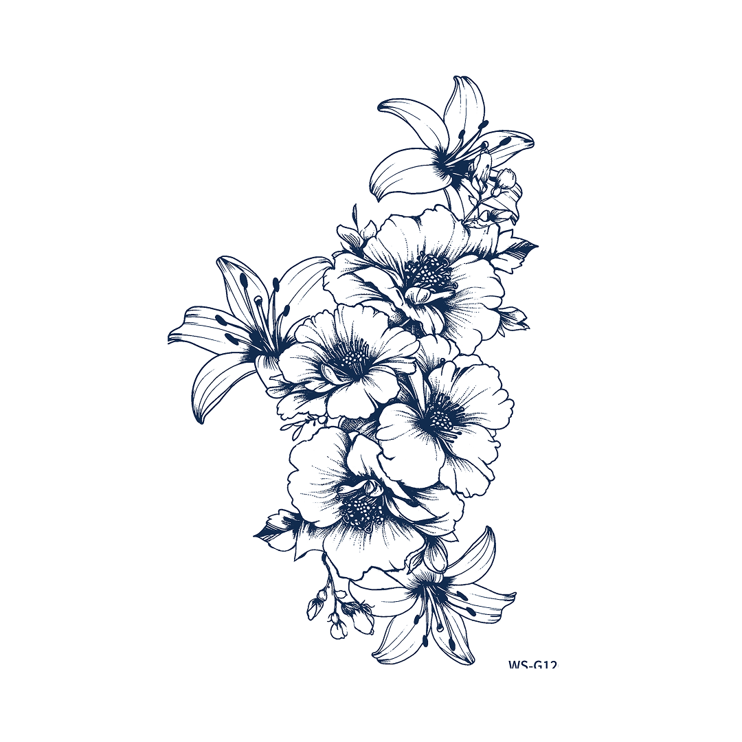 Mixed peony and lily bouquet, indigo line art