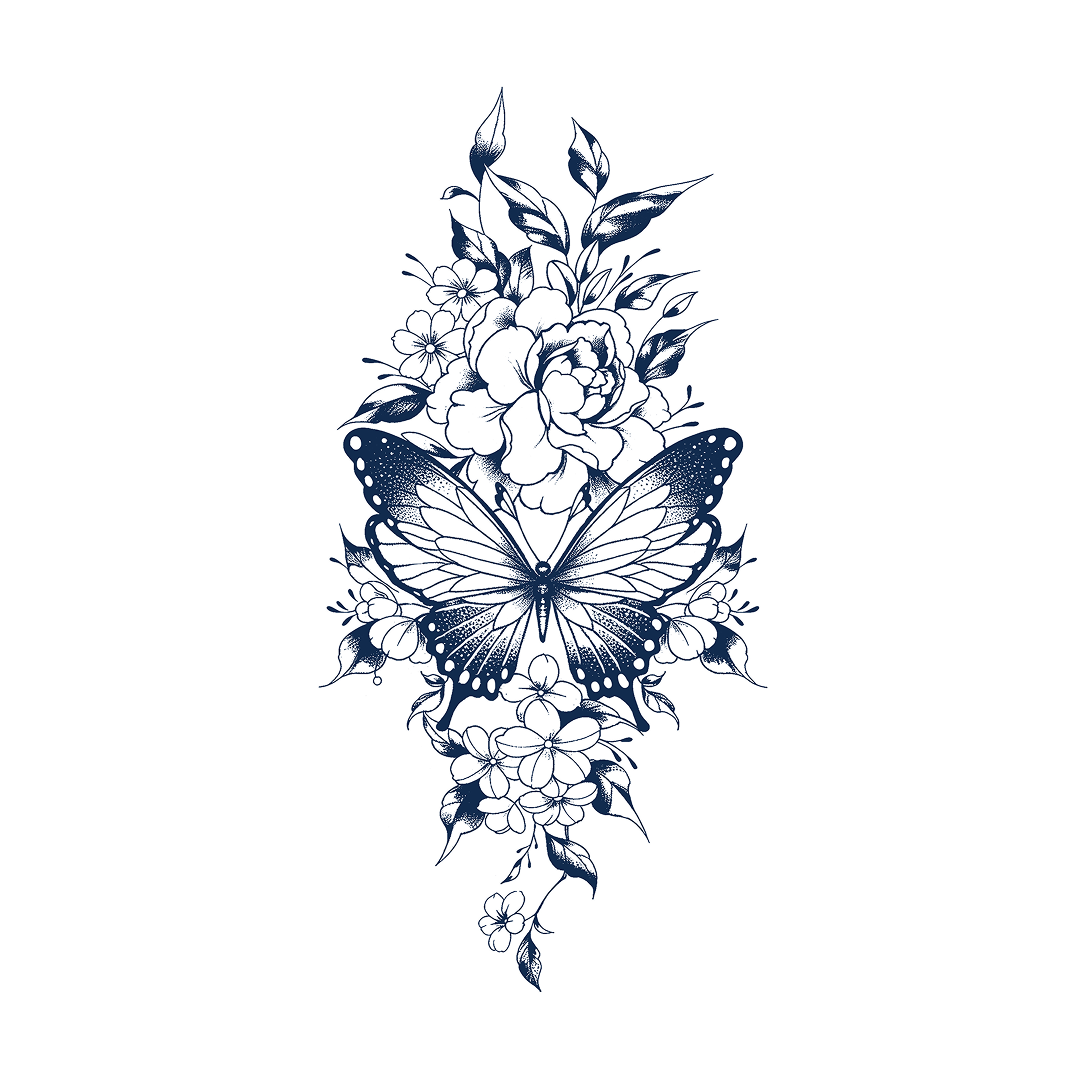 Butterfly nested in florals, indigo line art