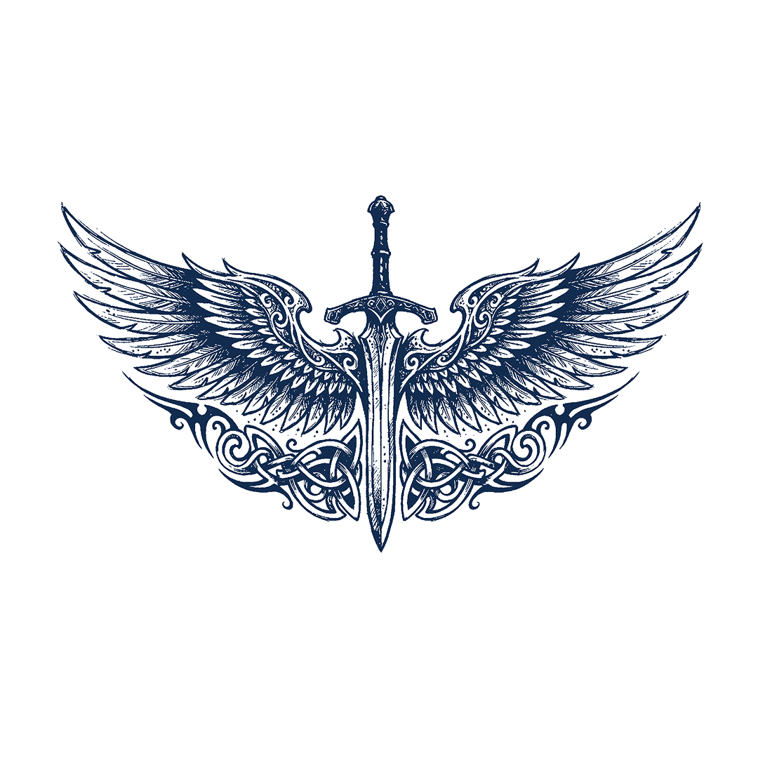 Sword flanked by feathered wings