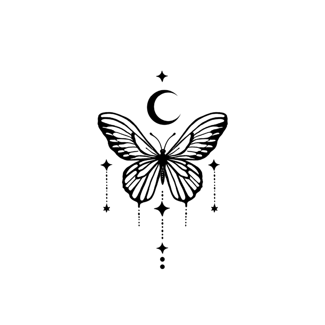 Butterfly under crescent moon and stars