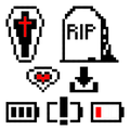 Pixel coffin, RIP, heart and battery icons