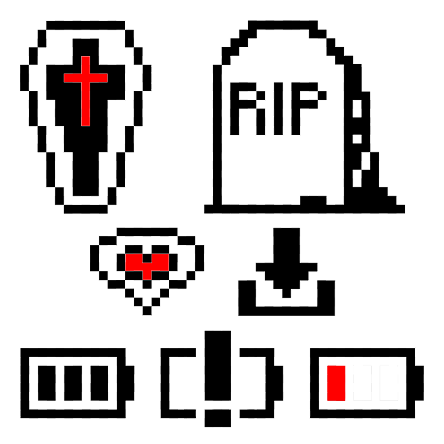 Pixel coffin, RIP, heart and battery icons