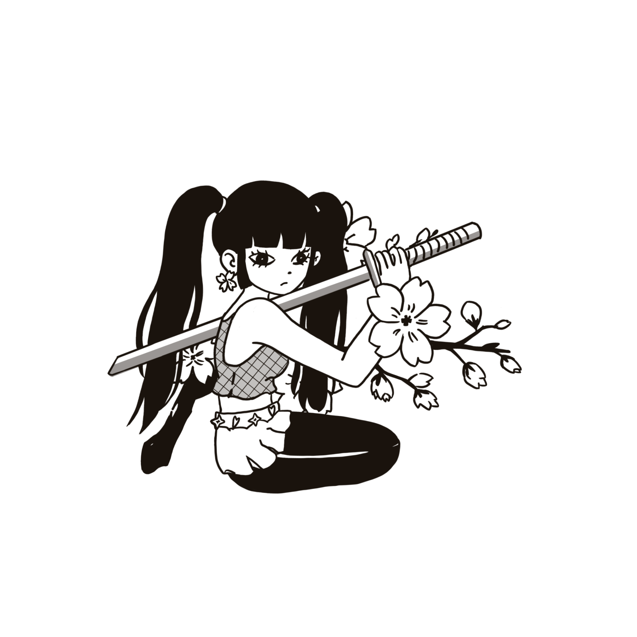 Anime girl with katana and cherry blossoms