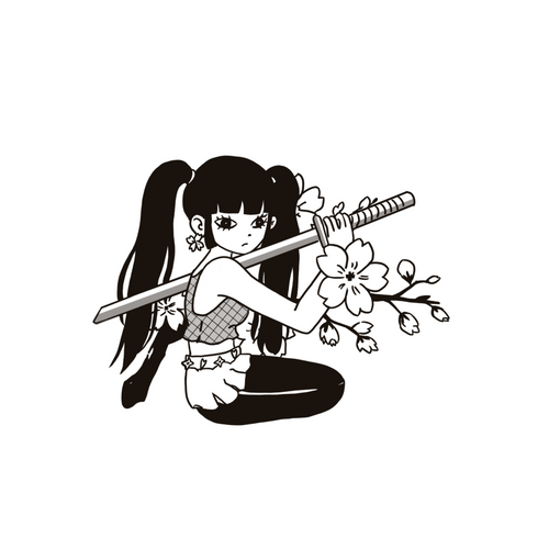 Anime girl with katana and cherry blossoms