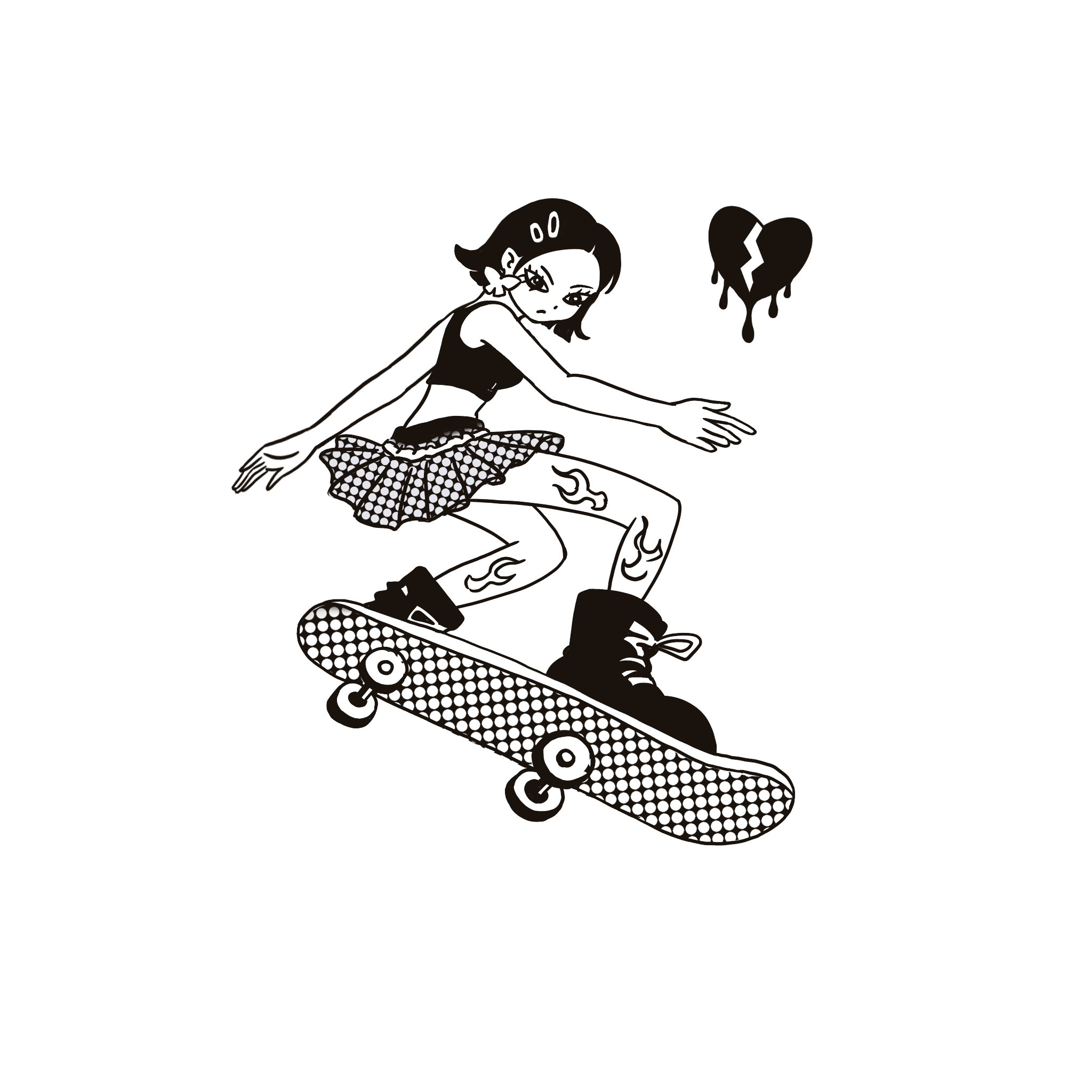 Anime girl skateboarding with broken heart