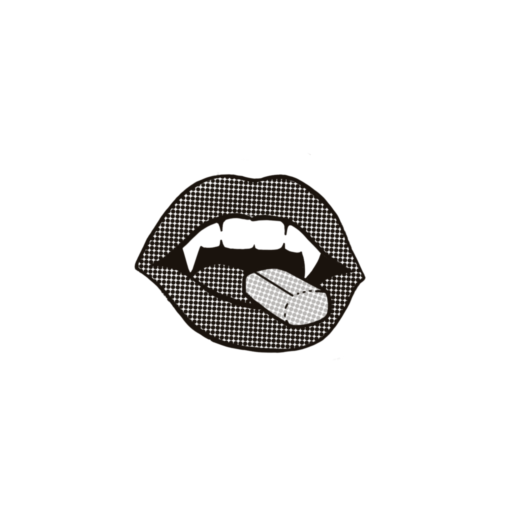 Fanged lips biting a pill