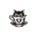 Black cat curled in a teacup