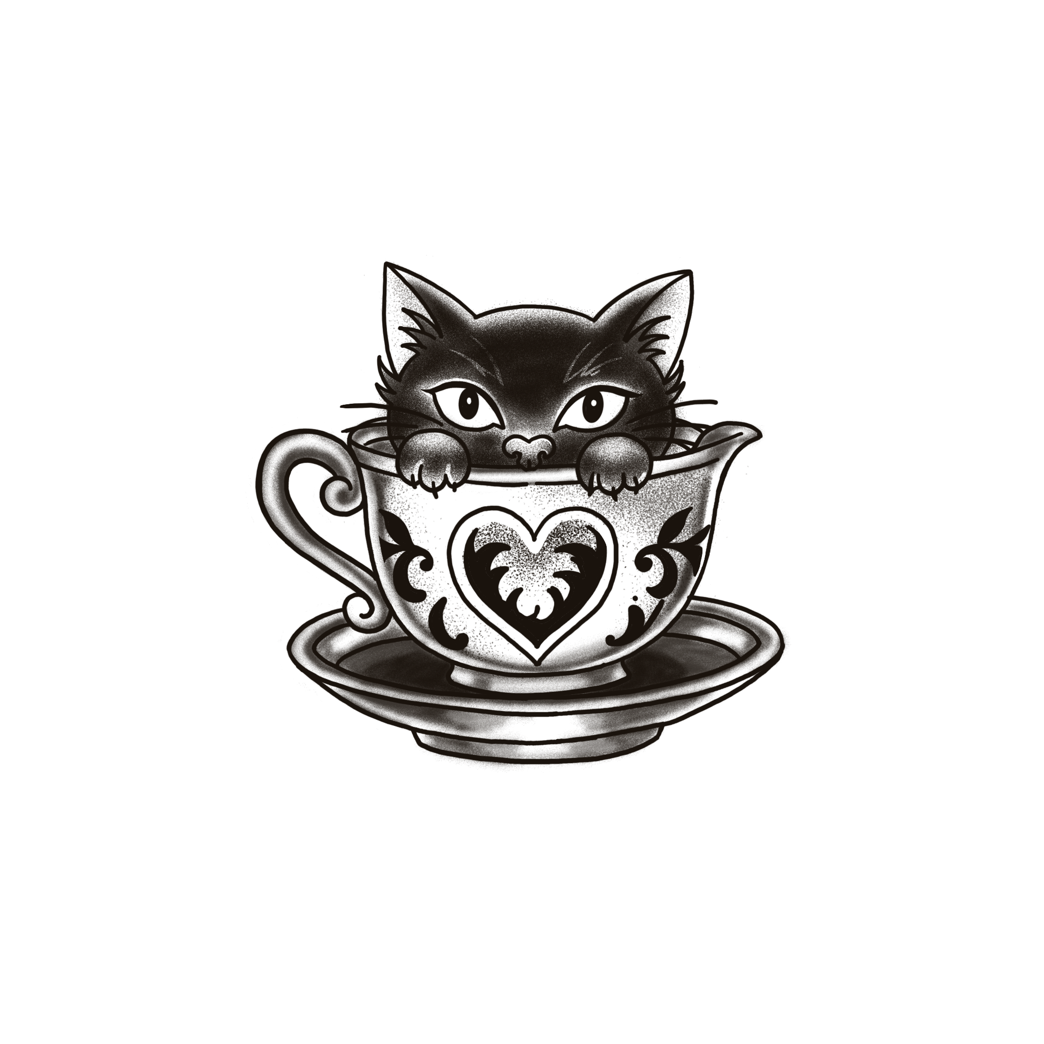Black cat curled in a teacup