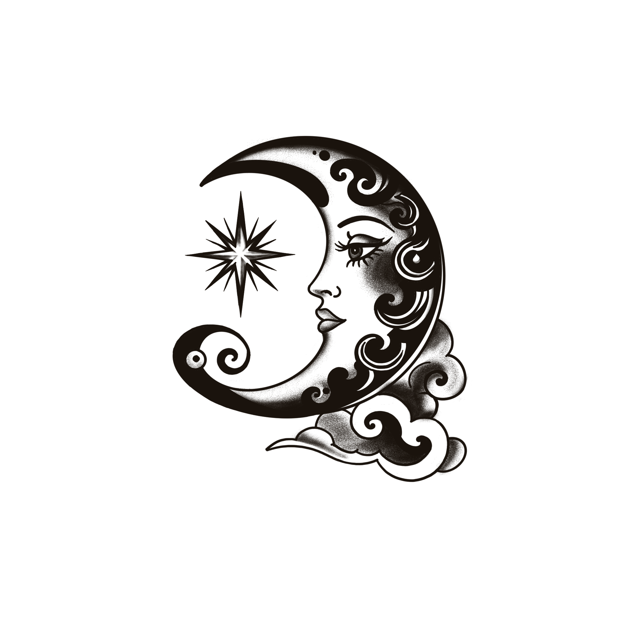 Crescent moon with a face and a star
