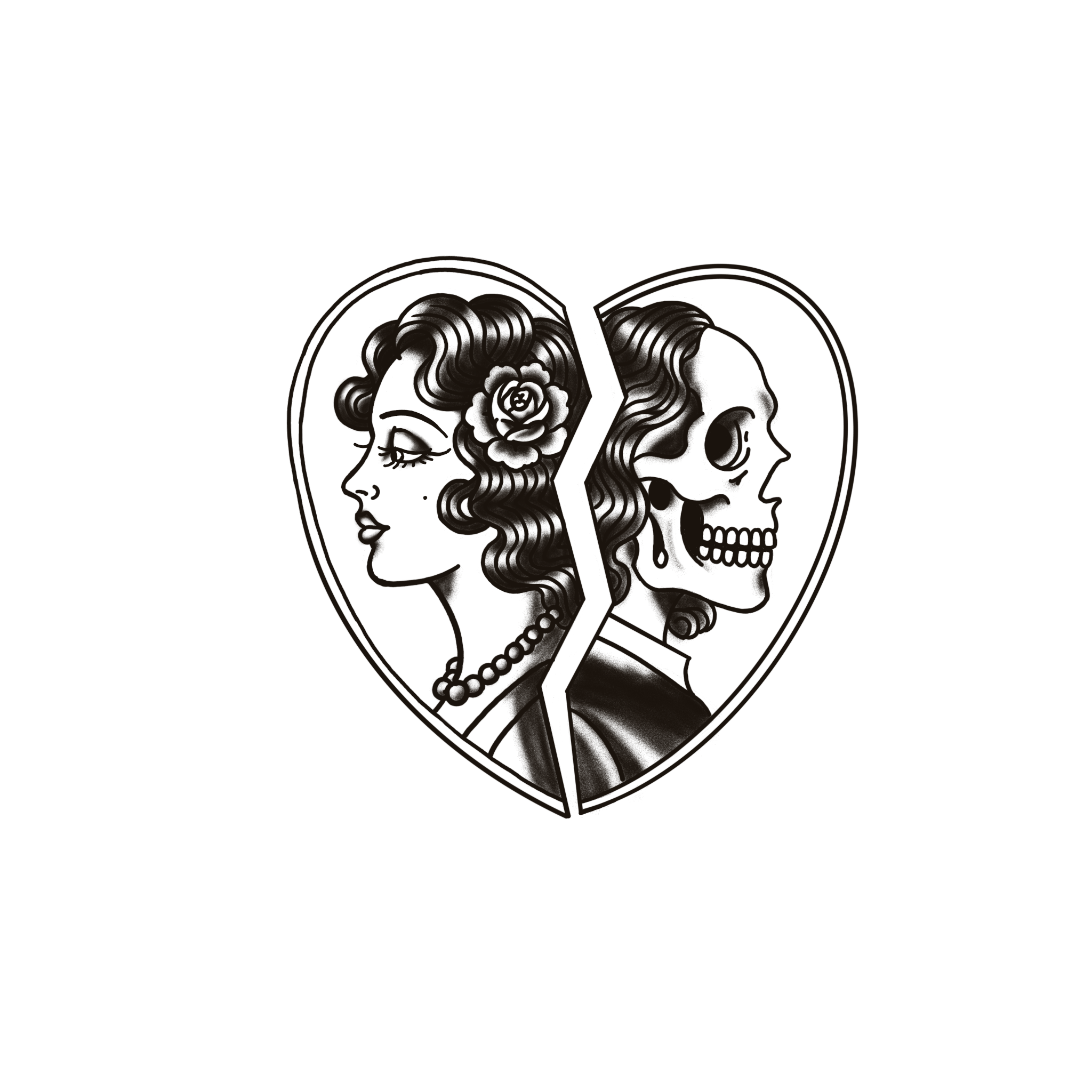Broken heart with woman and skull