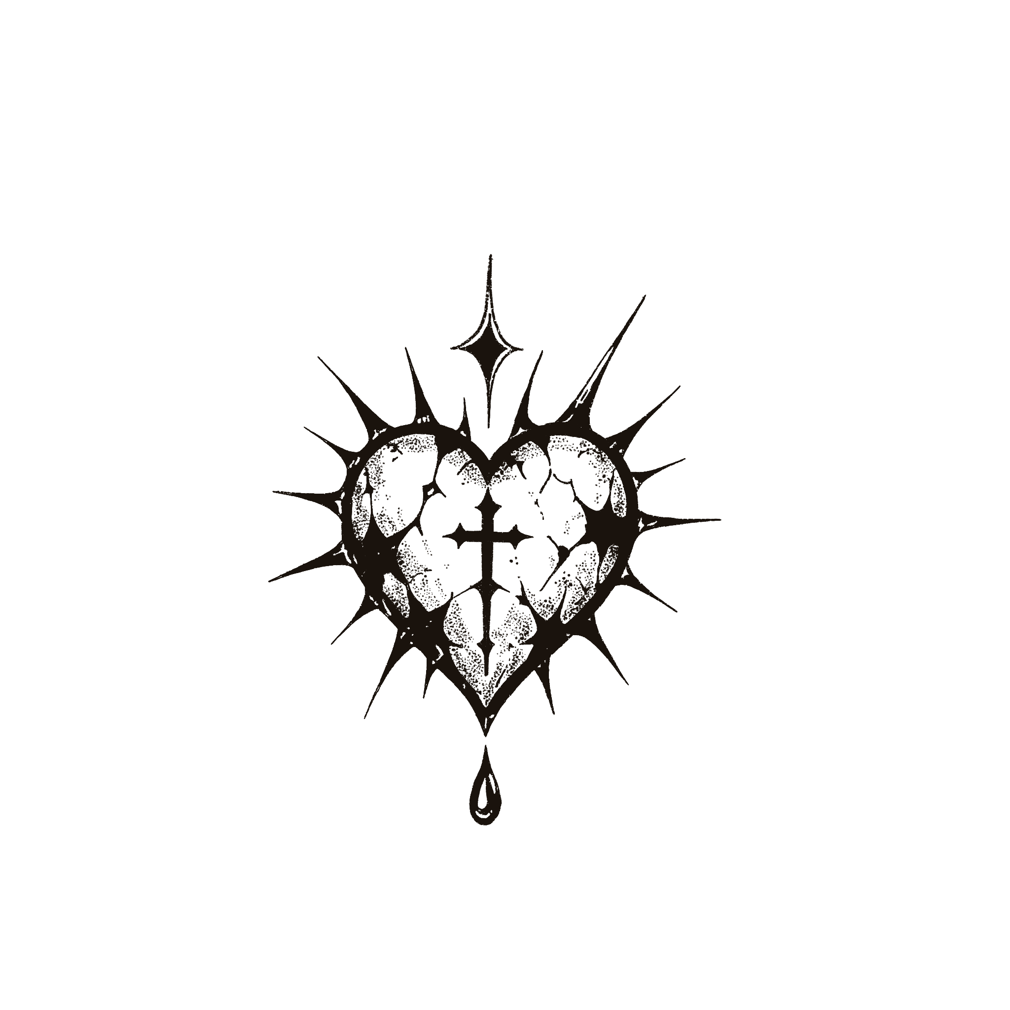 Spiked heart with cross and teardrop