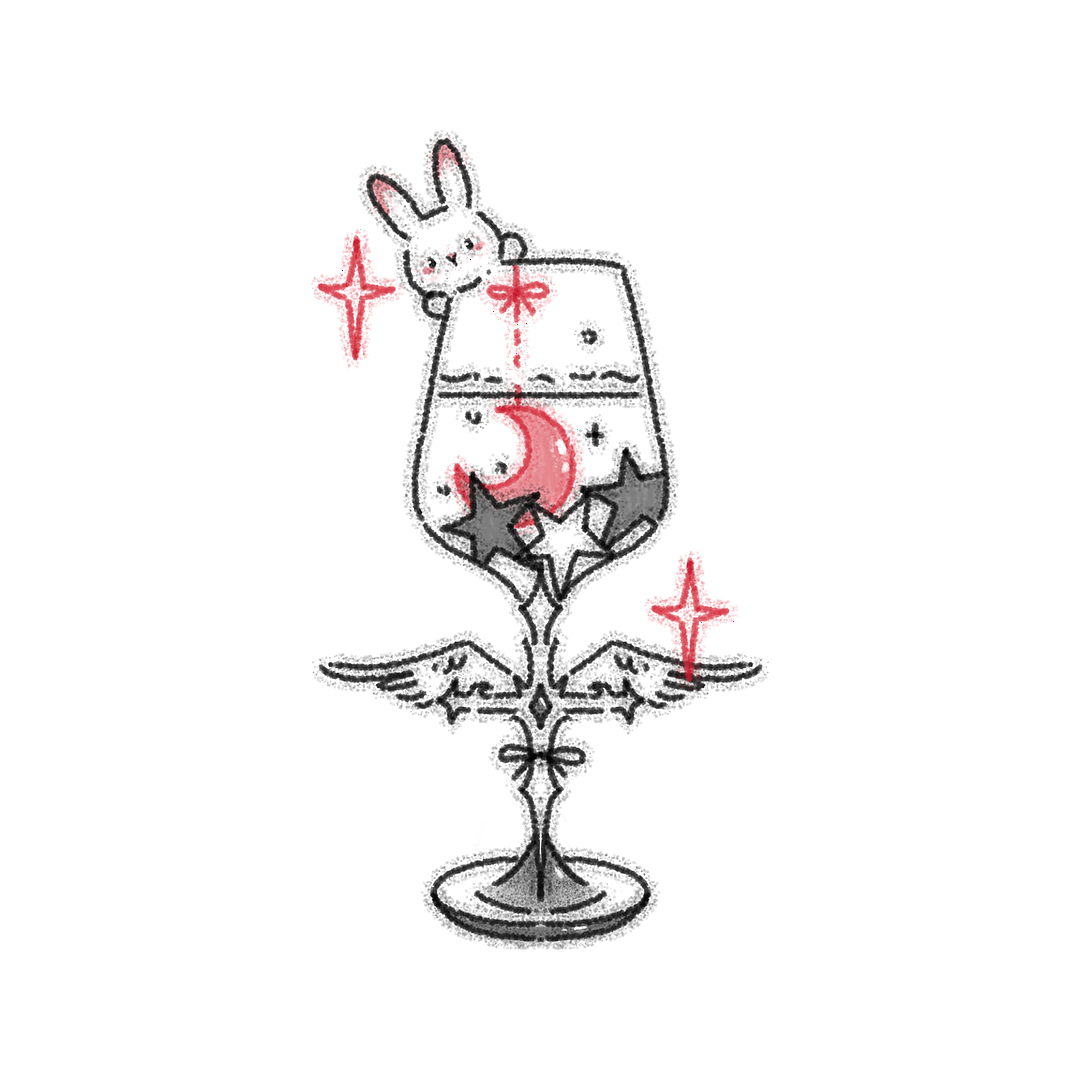 Bunny perched on a winged cocktail glass