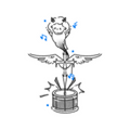 Winged pig with sword over a drum